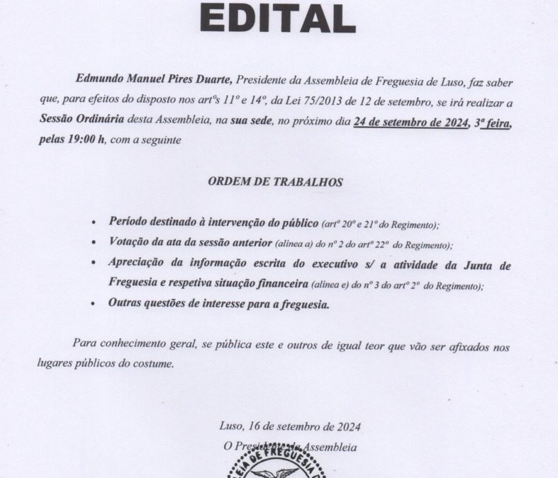 EDITAL – 3.ª Sessão Ordinária 2024 – Assembleia de Freguesias